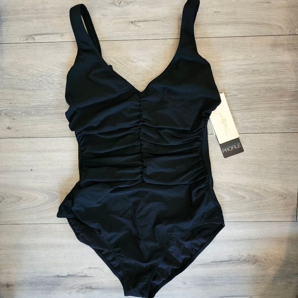 Gottex Tutti Frutti V-Neck Surplice One Piece black underwire ruched Swimsuit 10